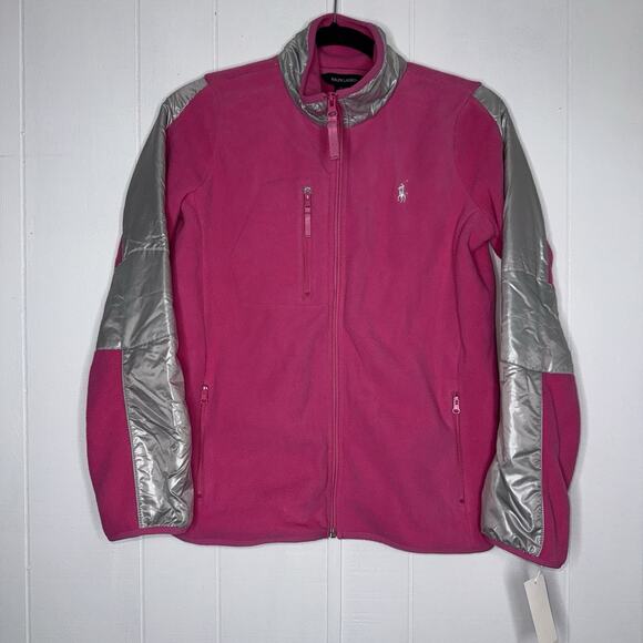 Ralph Lauren Girl’s Fleece Zip Up Jacket Pink Silver Size XL (16) NWT - Picture 1 of 5